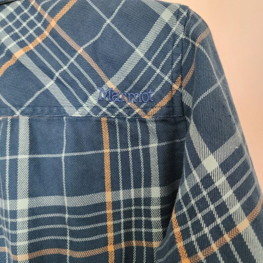 Marmot Womens Teal Blue Plaid Flannel Button Down Shirt Corduroy Trim Small Hike